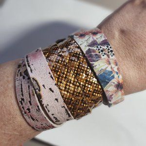 Flourish Leather 3 Slim Wrap Cuffs in Pinks, metallics and floral - Size XL